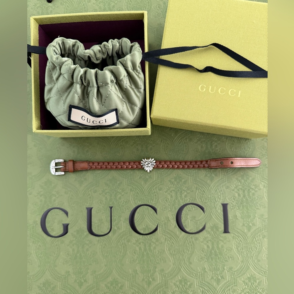 New GUCCI Interlocking G Engraved Love Brown Silver Leather Bracelet💝Uni… - Picture 10 of 15